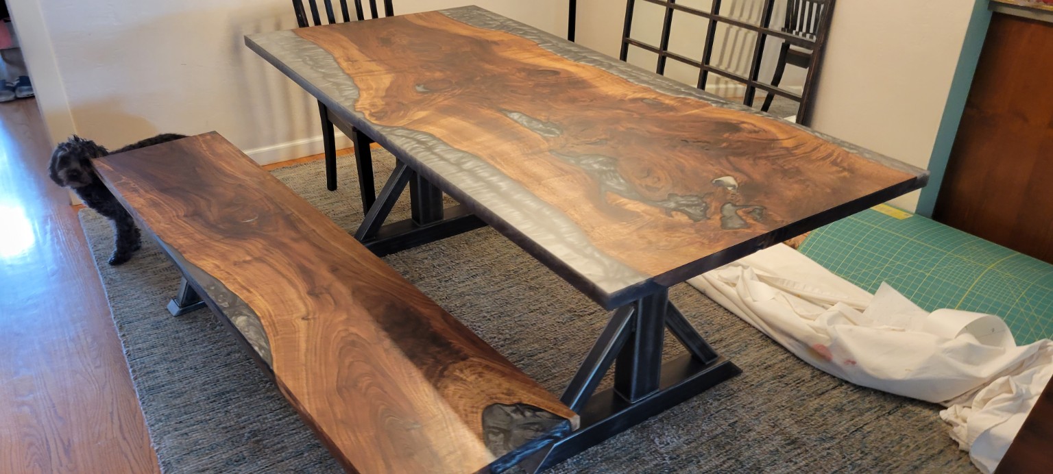 Custom live edge table and matching bench handcrafted by San Diego Woodshop