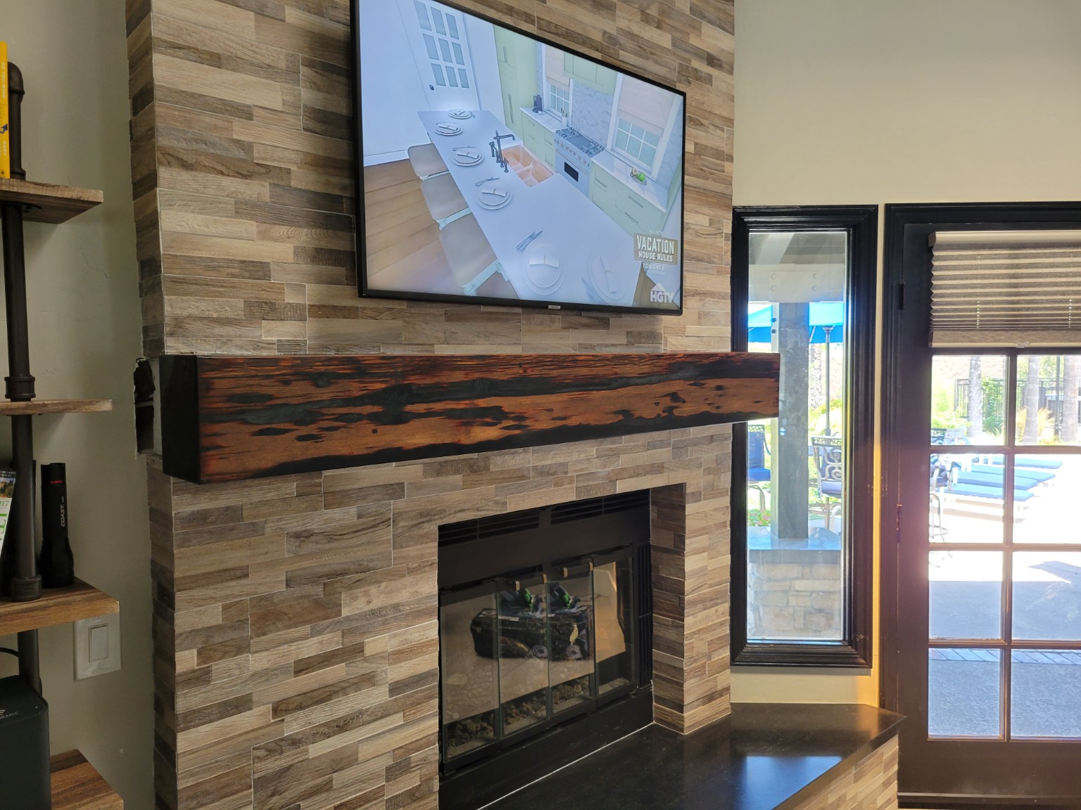Custom live edge wood fireplace mantel